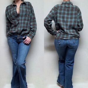𝅺RETRO Y2K Dickies Teal Gray Plaid Flannel Button Up Cotton Shacket Work Shirt